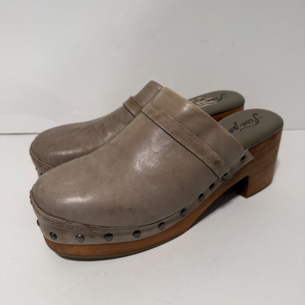 Free People Womens Calabasas Studded Clogs 40 Taupe Grey Leather Wooden Platform